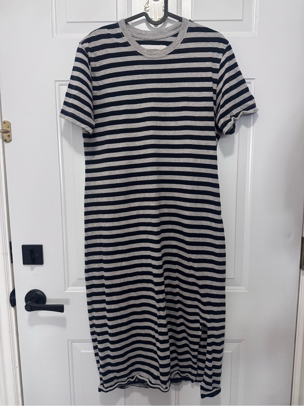 Striped Short-Sleeve Midi Dress in Black and Gray Province of Canada
